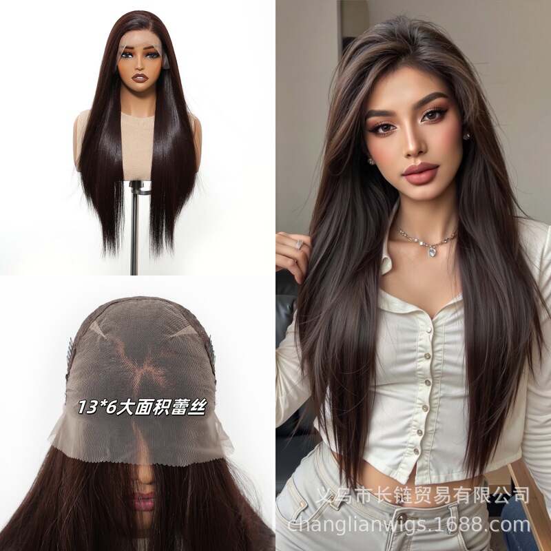 Lace Wig for Women Brown Without Bangs Free Parting Hand-Woven Lace Long Straight Hair Full Headgear Wholesale Lace