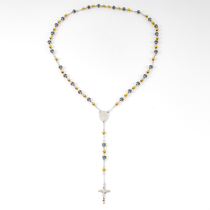 Ethnic Style Cross Stainless Steel Beaded Pendant Necklace_colorza_2