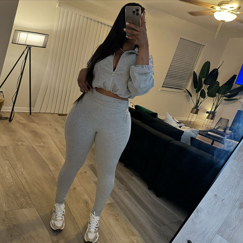 Women's High Waist Drawstring Navel Baring Tops And Tight Pants Set European American Style Spring Autumn Sexy Outfit_ecoleips.com