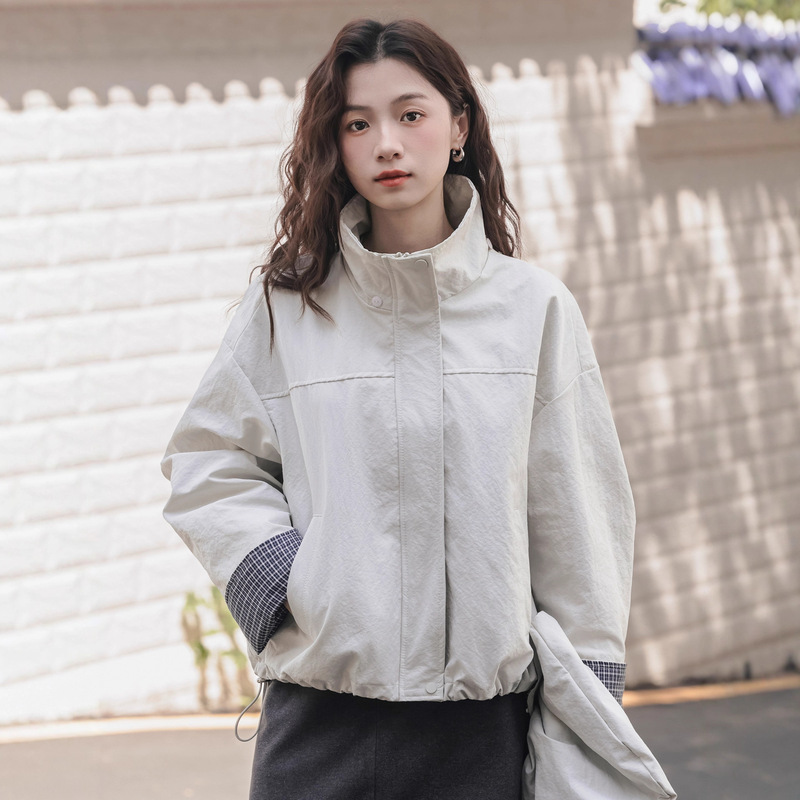 日系格子拼接连帽休闲外套女长袖2025秋季新款宽松抽绳短款冲锋衣|undefined
