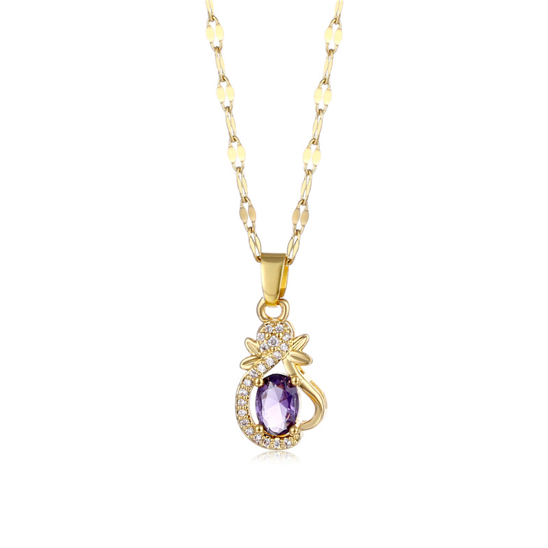 Wholesale Jewelry Amethyst Slower Zircon Copper Pendant Titanium Steel Chain Necklace Nihaojewelry display picture 1