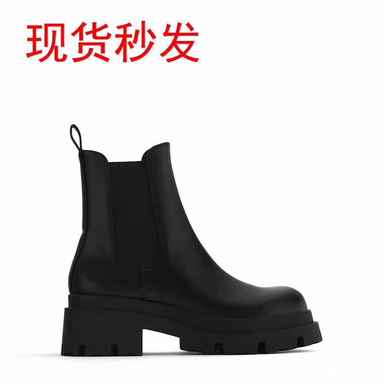 Autumn and Winter Black Grooved Shoes Thick-Soled Flat-Soled Chimney Chelsea Short Boots Xinzu Mao Shoe Factory High Heels Increase Height and Slimming Look