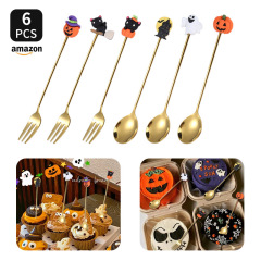 オリジナル国境を越えたアマゾンハロウィーンスプーンフォークステンレス食器クリエイティブカボチャデザートスプーンコーヒースプーン果物フォーク