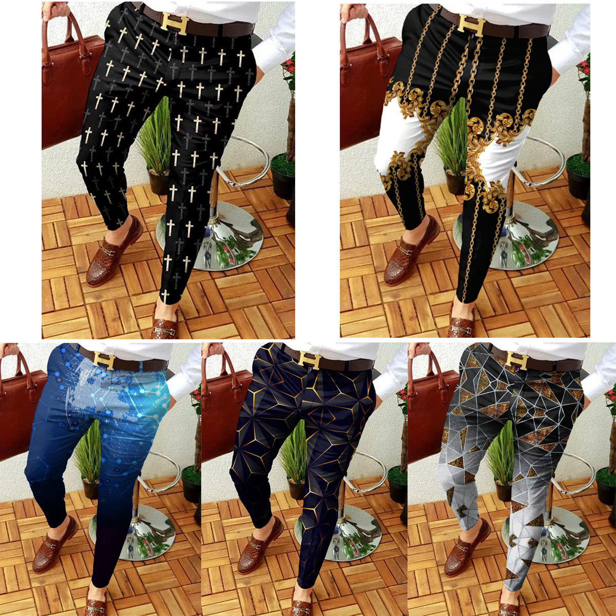 2023 estación independiente transfronteriza europea y americana nuevo patrón casual de los hombres impreso Mediados de cintura traje casual pantalones micro pantalones elásticos