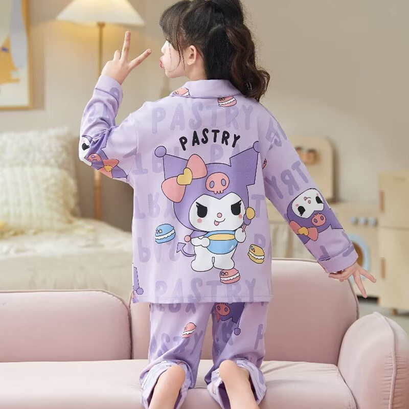 New Kidsren's Home Clothes Pajamas Spring and Autum Girls Baby Middle and Large Kidsren Cute Cartoon Long-Sleeved Cardigan Suit Trendy