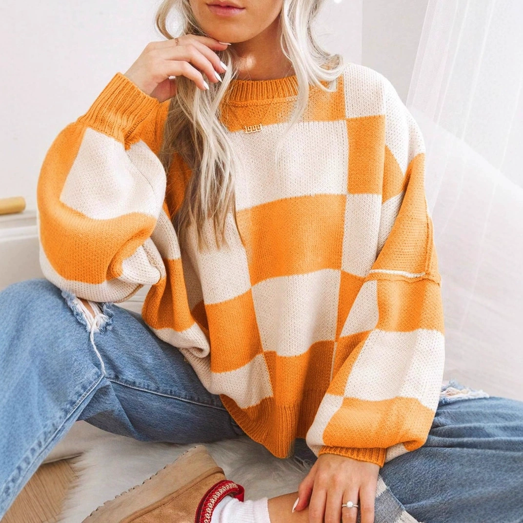 Amazon трансграничный европейский и американский свитер большого размера женский свободный контрастный цвет осень и зима контрастный цвет свитер с длинными рукавами и круглым вырезом внешняя торговля