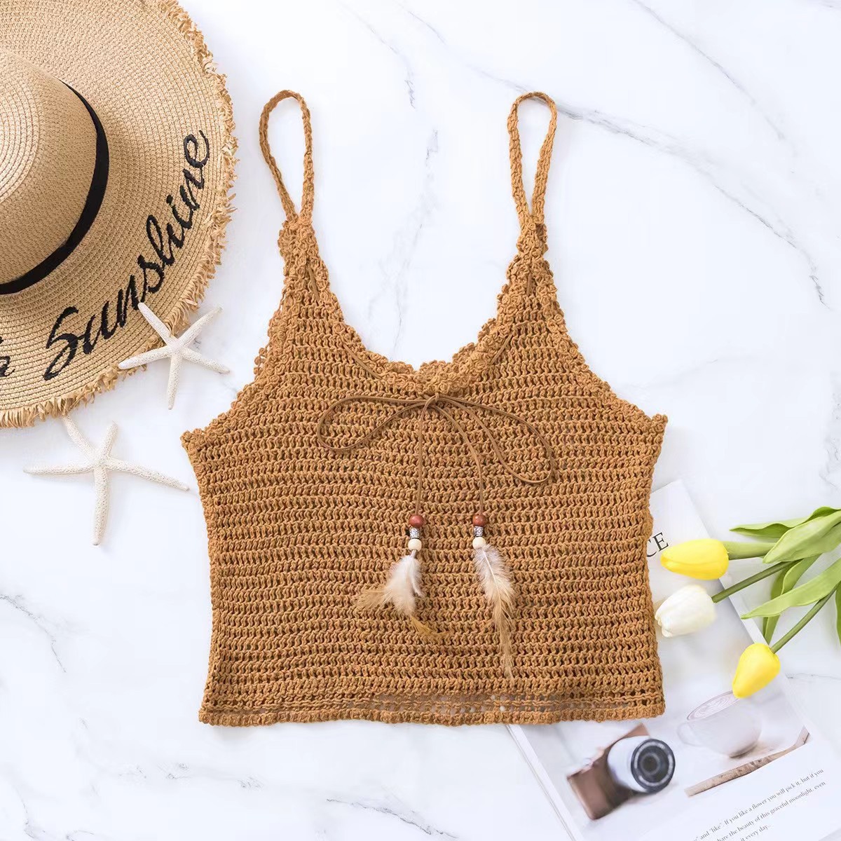 GraceChic GraceChic Foreign Trade Knitted Two-Piece Swimsuit Women With Cover-Up, High-End Solid Color Tie-Up Pure Desire Style Tank Top For_voghion.com