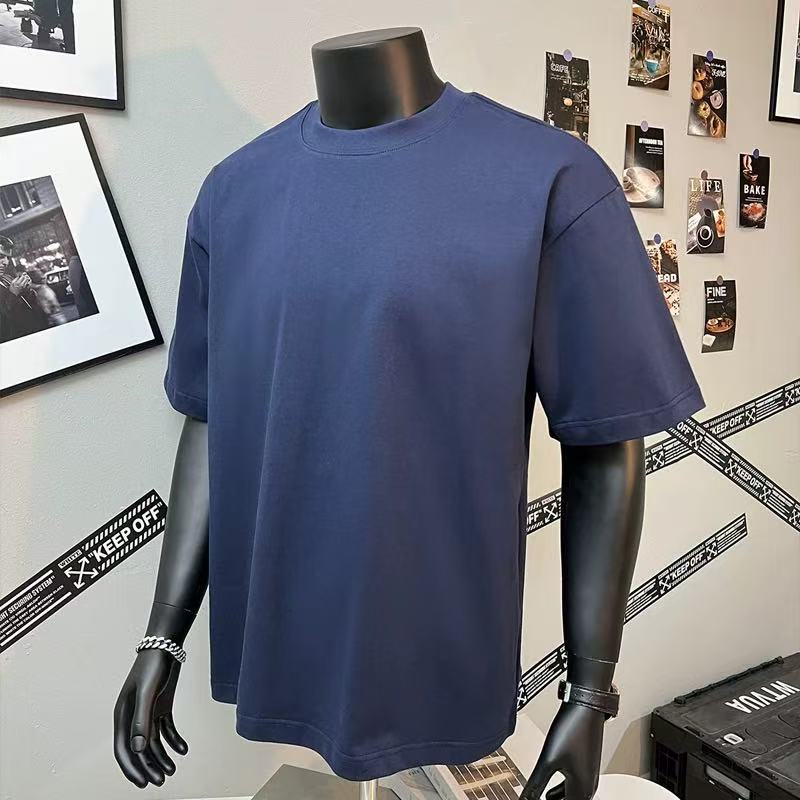 2025 pesado pequeño cuello europeo y americano hombro caído camiseta de manga corta hombre de color sólido casual pareja casual in-sleeve top