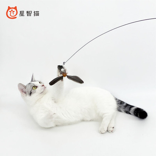 Star Smart Cat Long Wire Rotating Windmill Cat Teaser with Self-Hooking Bell Feather Replacement Fishing Style Cat Toy