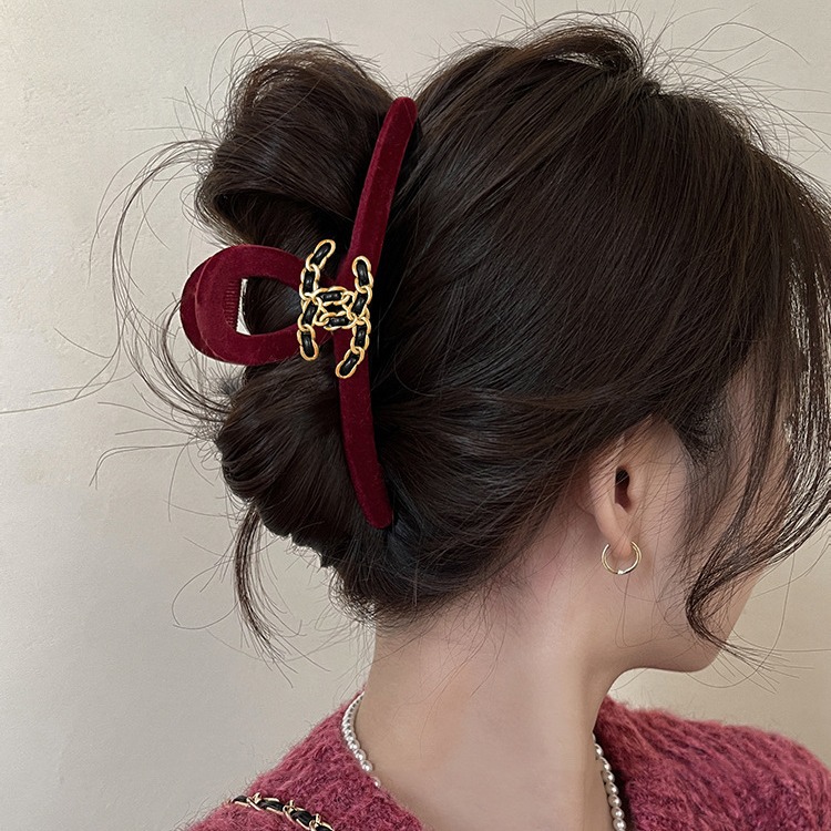 轻奢小香风丝绒抓夹女2024新款后脑勺春秋高级感黑色发夹子鲨鱼夹 3