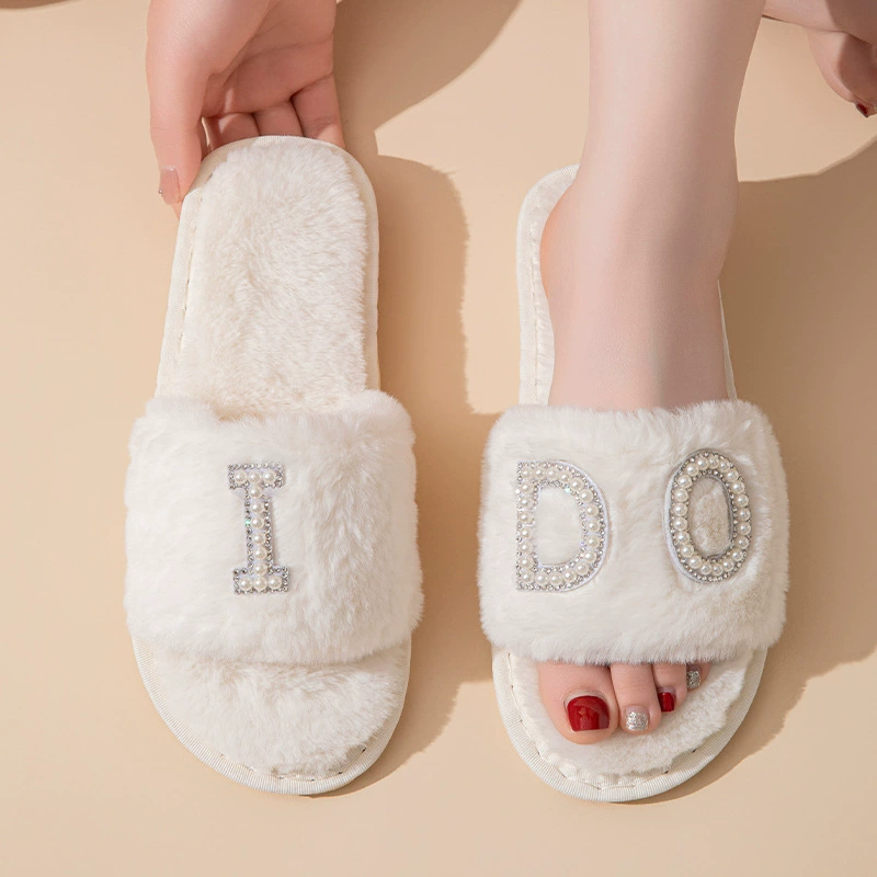 IDO BRIDE MRS Плюшевые тапочки с жемчужными буквами для свадьбы и вечеринок, популярные хлопковые тапочки для невесты