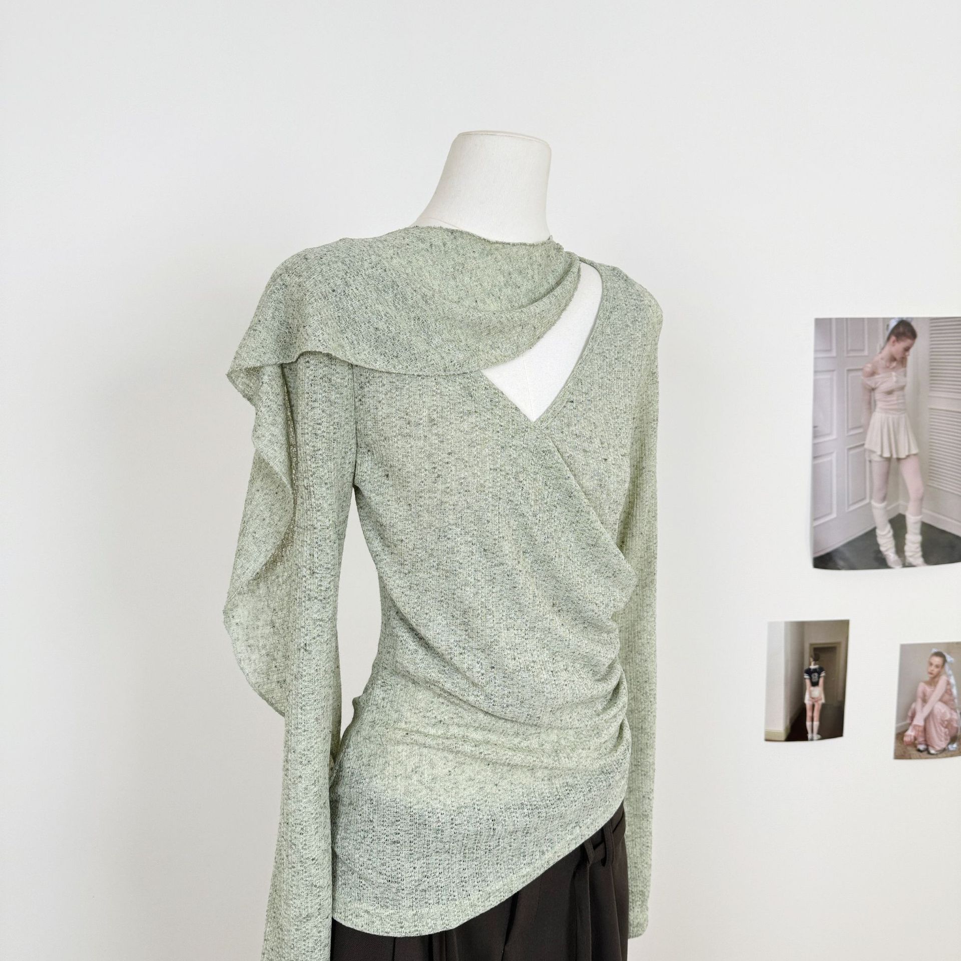 Someone Sometimes Original Hollow Out Linen Cross Draped V-Neck Jumpsuit with Scarf Collar and Flared Long Sleeves