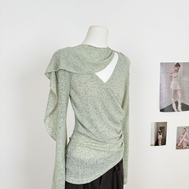 Someone Sometimes Original Hollow Out Linen Cross Draped V-Neck Jumpsuit with Scarf Collar and Flared Long Sleeves