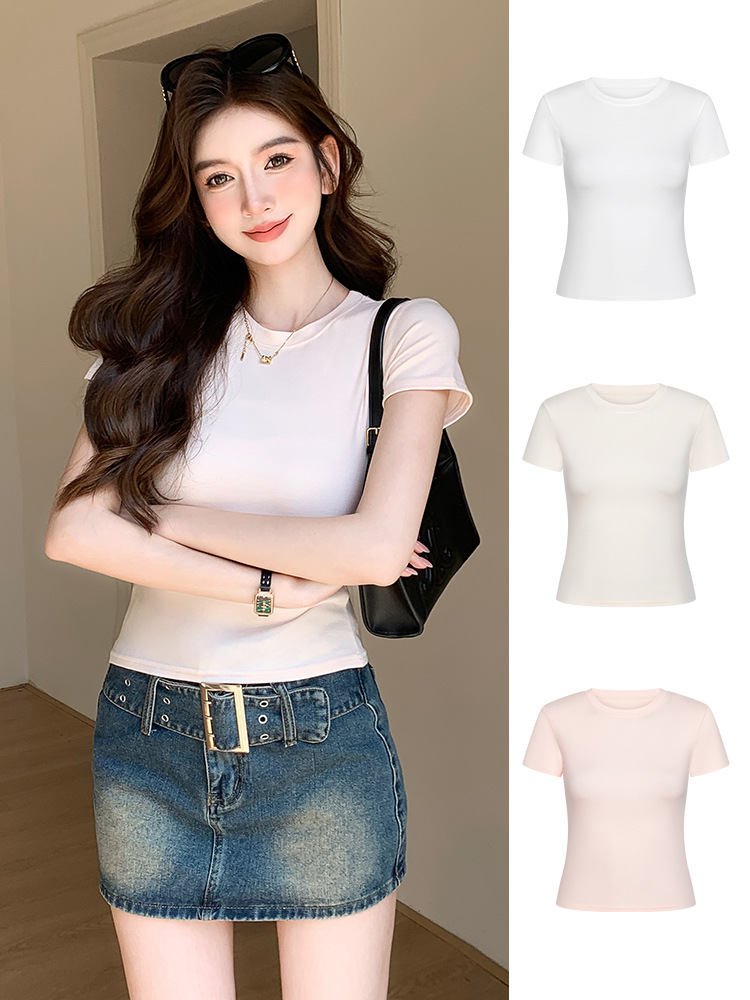 H5 86修身半袖tシャツ白夏ギャル上着丸襟正肩女性フランス弾力が痩せている
