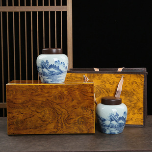 Ceramic tea jar moisture-proof sealed jar single and double cans high-grade tea packaging gift box empty box wooden box Golden Junmei Longjing
