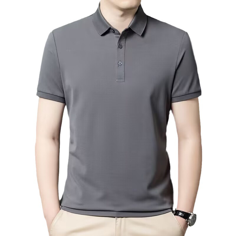 Camisa de polo de comercio exterior de seda de morera Camiseta de manga corta para hombre verano negocios de mediana edad más tamaño solapa color sólido ropa de hombre suelta
