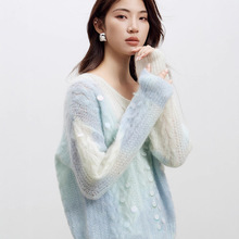 慵懒风渐变色马海毛毛衣女2025新款女装秋亮片印染v领羊毛针织衫