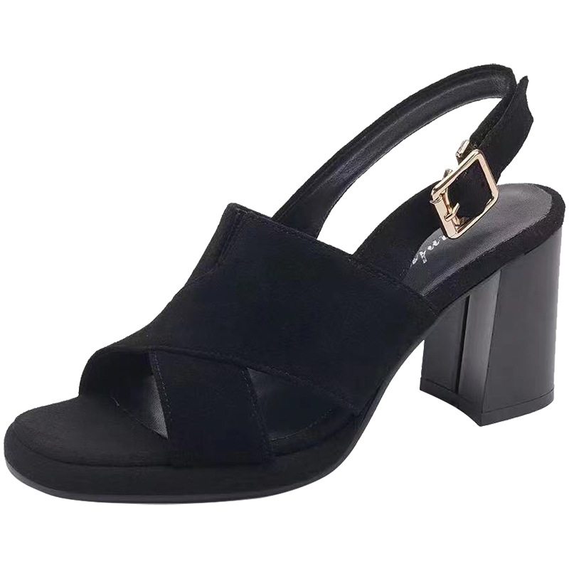 Sandal cao gót da cừu nữ mũi hở gót 7 cm đế dày chống thấm — Màu đen gót 7cm