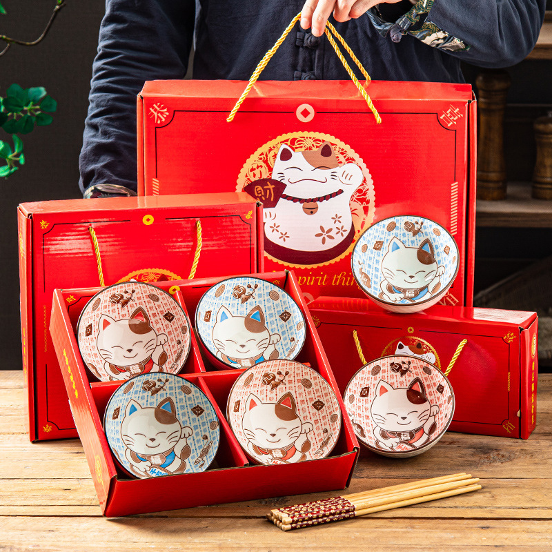 Creative Small Gifts Ceramic Tableware Set Advertising Lucky Cat Return Gift Event Promotion with Logo Printed Gift Box