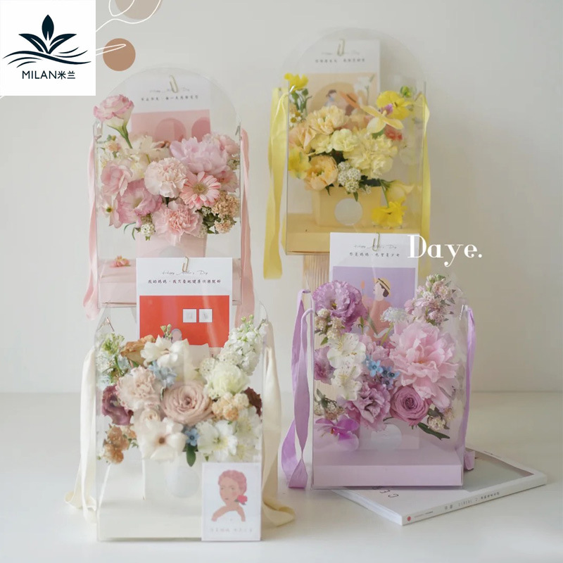 母亲节方形透明PVC手提盒折叠花盒鲜花包装盒520花艺插花盒手提袋