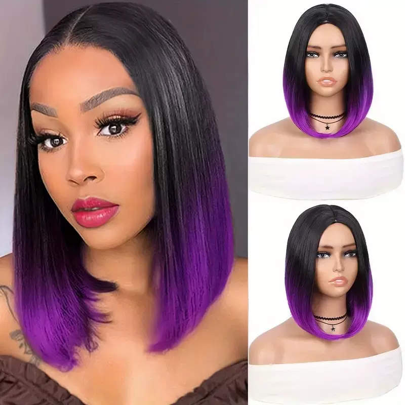 外贸跨境假发女士短款染色紫欧美时尚中分短直发化纤全头套玫瑰网