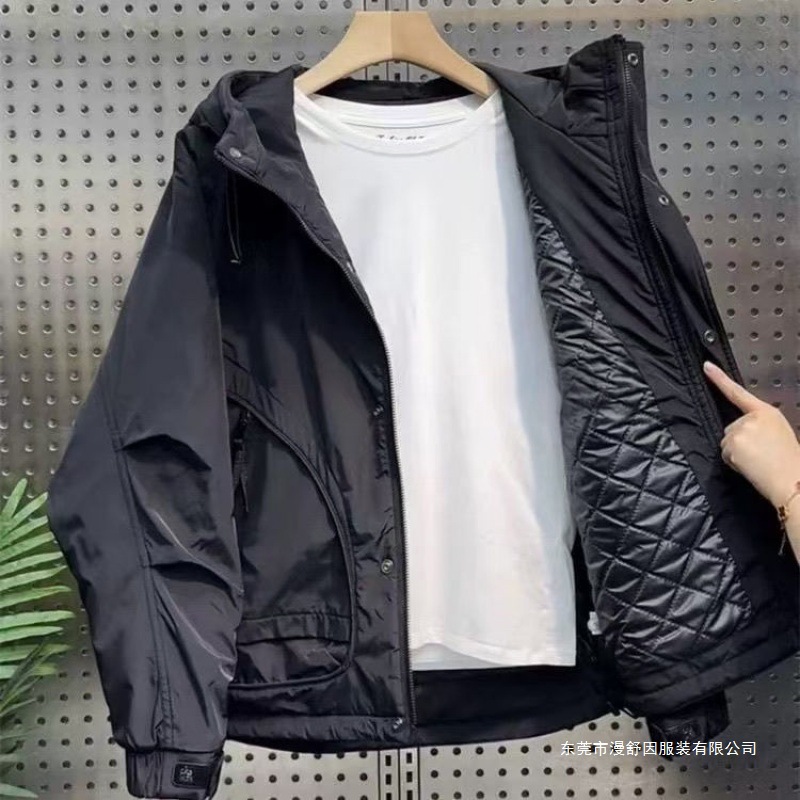 Spring and Autumn New Outdoor Workwear Hooded Jacket Men's Fashion Loose Versatile Warm Cotton Jacket Black