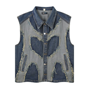 European and American Washed Contrast Dark Country Trendy Brand Denim Vest Shorts Old Rouge Deconstruction Stitching Tooling Two-Piece Set