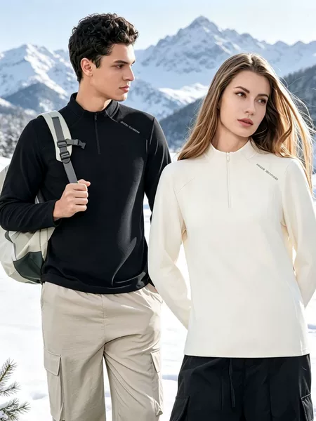 Outdoor fleece jacket, unisex style, stand-up collar, half-zip, long-sleeve T-shirt, high-elasticity, warm base layer, autumn/winter sportswear