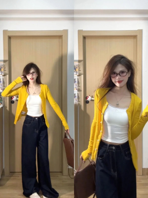 韩系氛围感穿搭黄色圆领长袖开衫女秋装修身显瘦别致针织外套上衣|undefined
