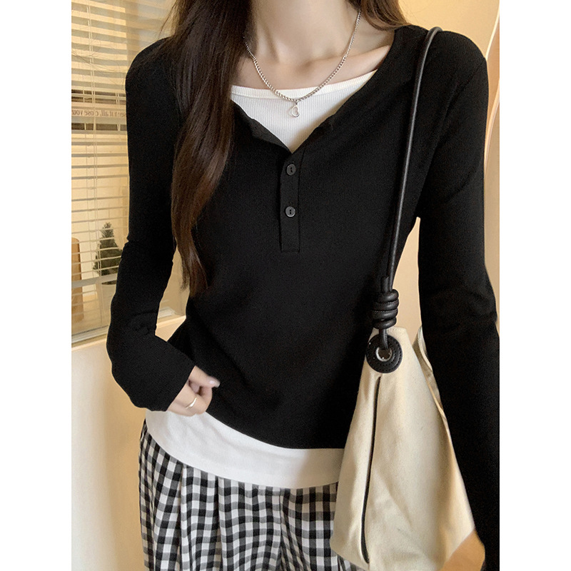 Fake Two-piece Stitching Contrast Color Long-sleeved Women's T-shirt Autumn Inner Wear Slim-fit Tight Waist Slimming Exquisite Beautiful Base Shirt Top