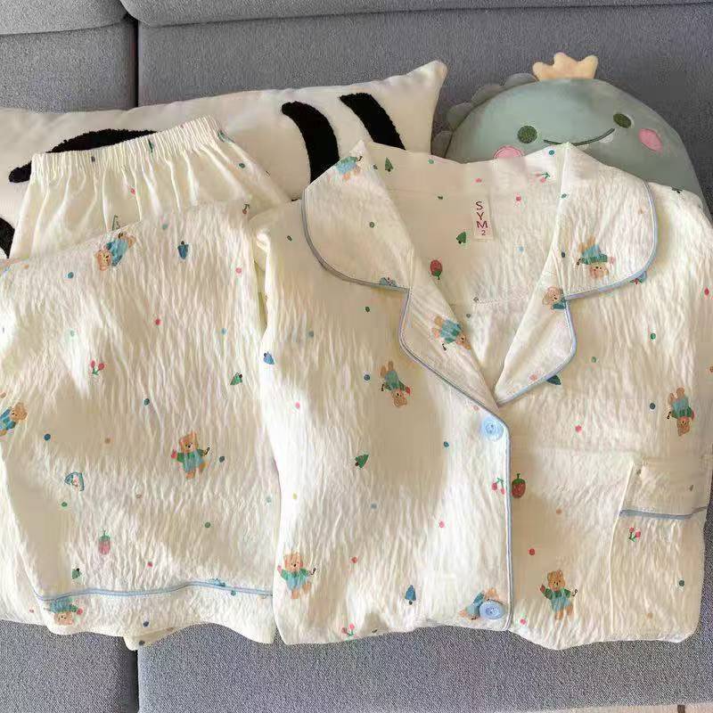 Venta al por mayor transfronteriza de algodón de nube pijamas de cachorro rizado simple japonés pantalones de manga larga de primavera y otoño para mujer