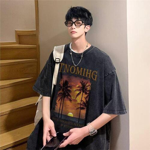 Men's Summer Supply Wash T-Shirt, Korean Style Trendy Print Half-Sleeve Top, Loose Casual Streetwear Brand