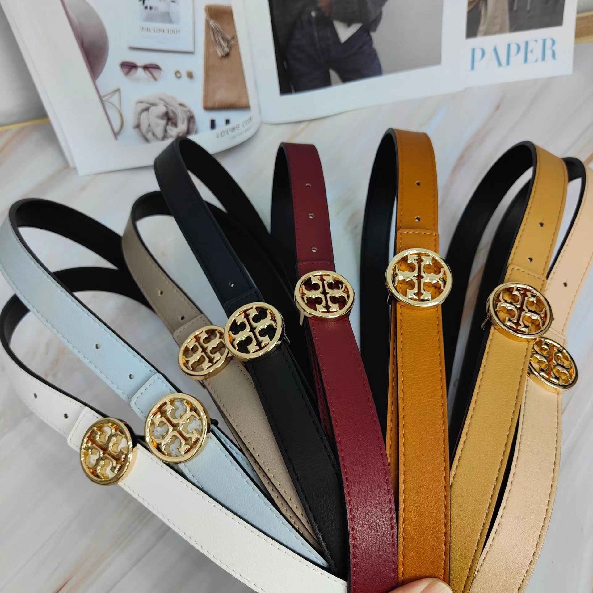 TB 벨트 양면 얇은 벨트 간단한 조커 캔디 컬러 라운드 버클 여성의 허리 소가죽 장식 도매