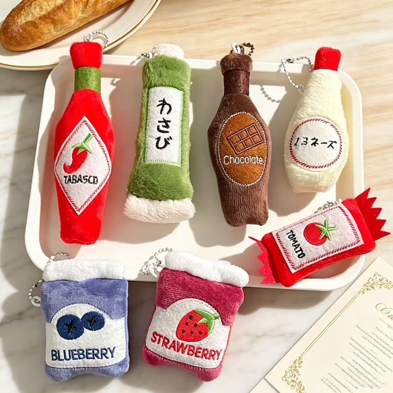 Cute Dipping Sauce Plush Keychain Toy in the Shape of Ketchup and Salad Dressing from Japanese Restaurants