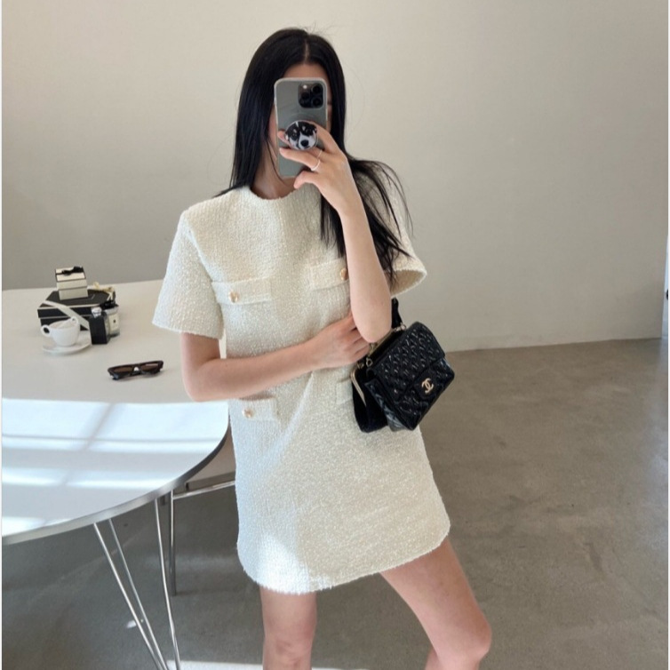 2025 Summer Elegant Small Fragrance Style Four-Pocket Design Thin Thick Tweed Petite Short-Sleeve Dress in Three Colors