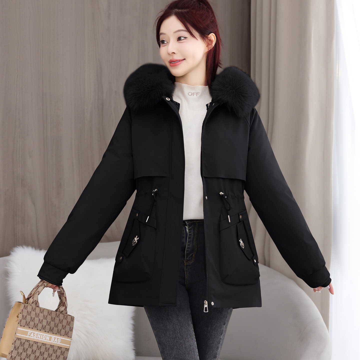 American Style Three Wear Over Peak desmontable ropa de algodón de invierno de mujeres cuello de cabello coreano medio largo chaqueta de algodón gruesa suelta image 6