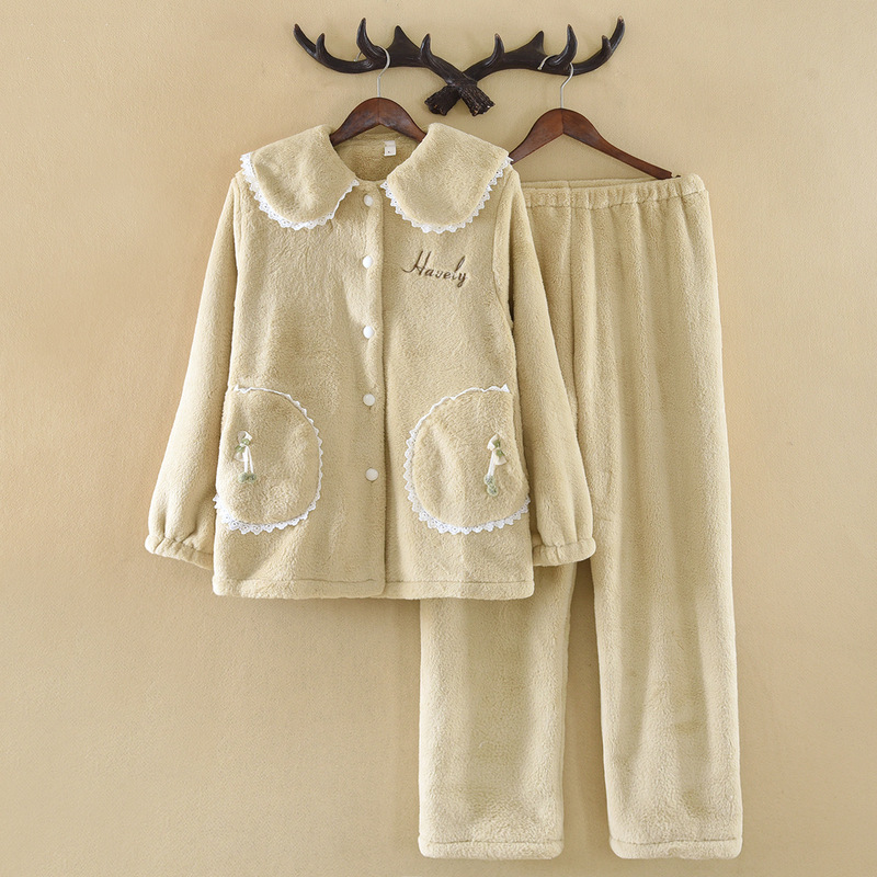 Green Doll Collar Cute Thickeneded Coral Velvet Fleece-Lined Pajamas for Women Autumn and Winter Flannel Home Clothes Can Be Worn Outside