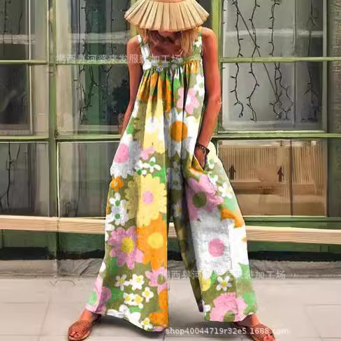 2025 Cross-Border Women's Jumpsuit European and American New Retro Flower Loose Suspender Wide-Leg Jumpsuit Manufacturer Ready Stock