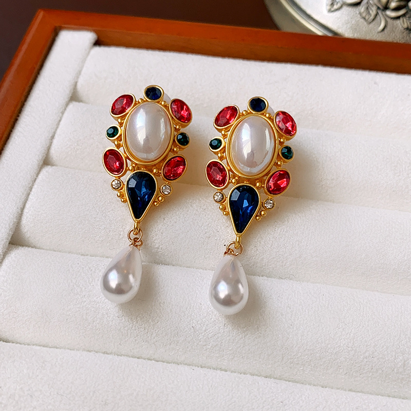 1 Pair Vintage Style Water Droplets Plating Inlay Alloy Glass Drop Earrings display picture 5