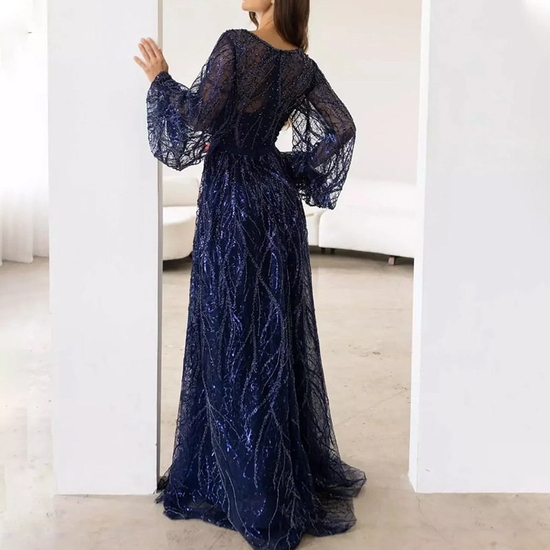 2025 vestido de lentejuelas europeo y americano transfronterizo simple con lentejuelas con cuello en V vestido de fiesta largo con cordones