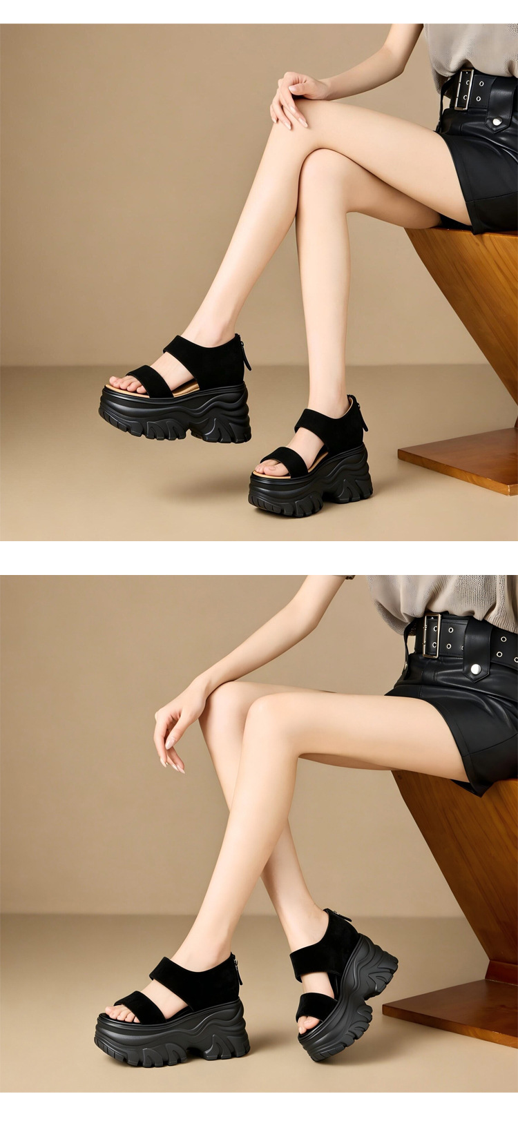 Sandal cao gót nữ da cừu mũi tròn hở ngón, quai ngang đế dày, gót 12 cm — màu đen chi tiết 5
