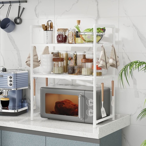 Kitchen with handle hooks, spice organizer rack, microwave shelf, widened and thickened oven, bread machine shelf
