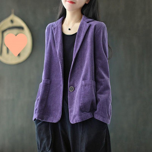 Corduroy suit collar solid color short coat women's autumn new long sleeve pocket literary retro casual coat top