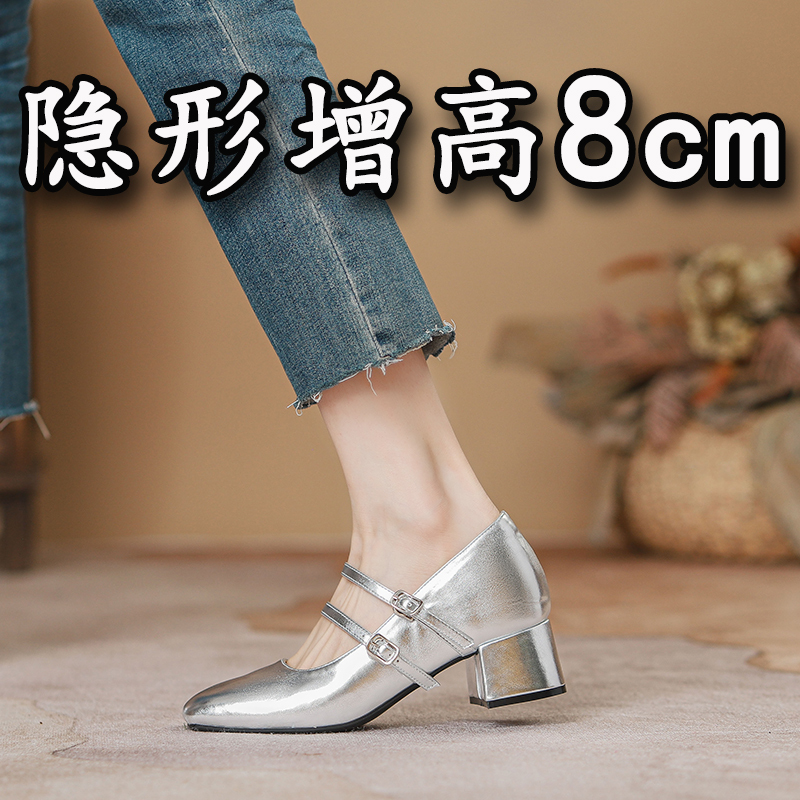 Silver Color Internal Height-Increasing Mary Jane Women's Shoes 2026 New Summer New Chinese Style Retro Double Buckle Shallow Mouth Chunky Heel Single Shoes for Women Silver Color Internal Height-Increasing Mary Jane Women's Shoes 2026 New Summer New Chinese Style Retro Double Buckle Shallow Mouth Chunky Heel Single Shoes for Women