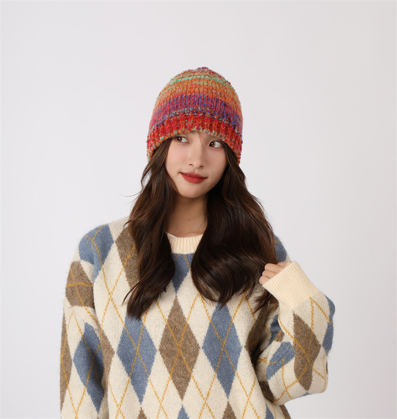 Dopamina Arcobaleno Colore Fatto a Mano per Bambini 2023 Nuovo Autunno/Inverno Lavorato a Maglia Baotou Caldo Freddo Cappello Set_voghion.com