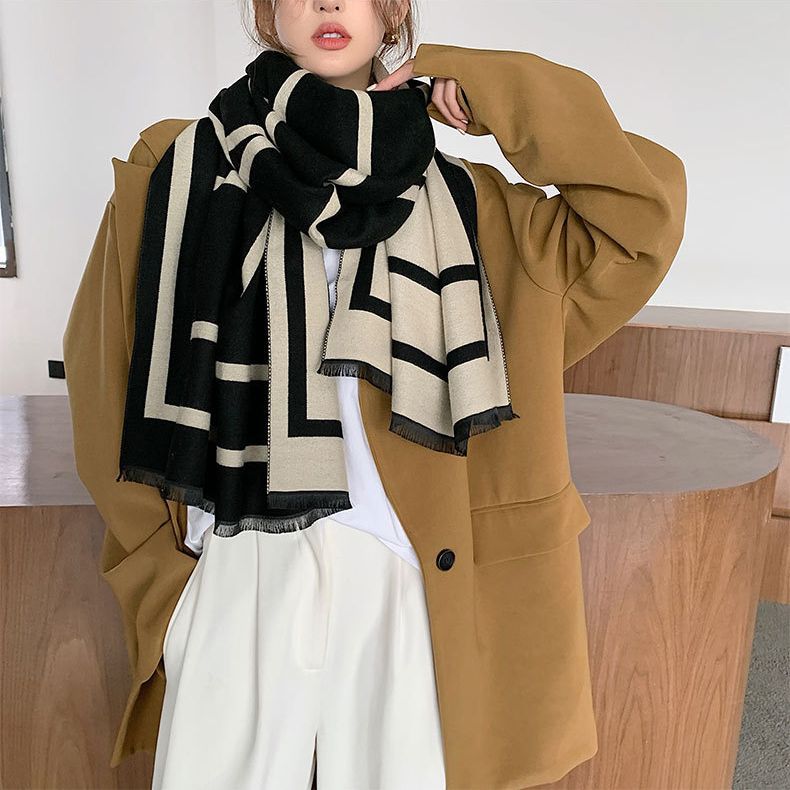 New OM Letter Autumn/Winter Scarf Women's Double sided Thickened Warm Imitation Cashmere Air Conditioned Shawl Neckband_voghion.com