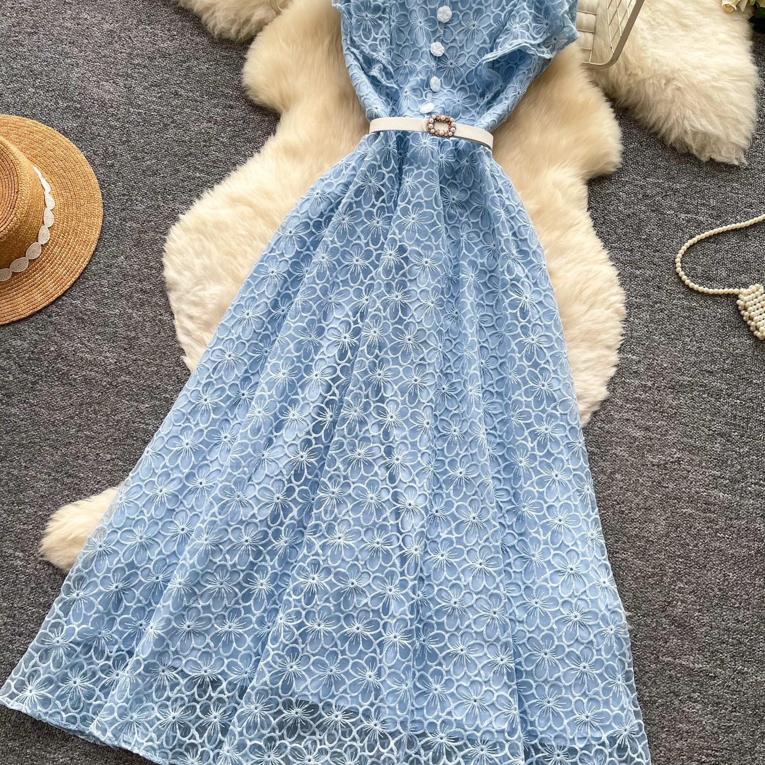 Elegant Lace A-Line Sundress For Women, High Waist Sleeveless Summer Maxi Dress_ecoleips.com