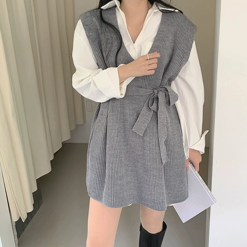 С поясом в корейском стиле с v-образным вырезом, маленькое ароматное стильное свободное трикотажное платье без рукавов с высокой талией и шнуровкой на талии, короткая юбка, жилет