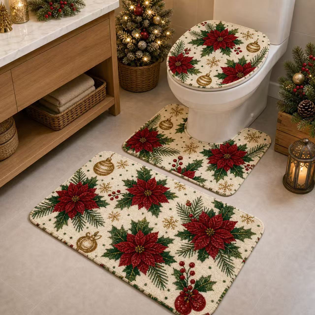 Cross-border TEMU Christmas new diatomite floor mat set of three for bathroom, toilet, water-absorbent and non-slip toilet mat