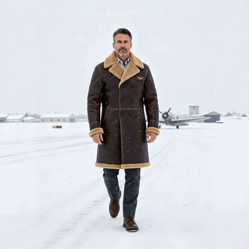 Cross-Border American Retro Navy Double-Breasted Shearling Coat with Distressed Leather and Contrasting Stitching Winter Jacket